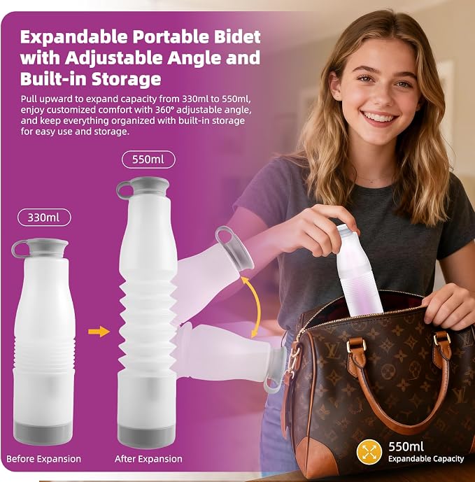 Hibbent Portable Bidet for Travel, High Pressure Electric Handheld Bidet Sprayer, 350-550ML Expandable Bottle for Personal Hygiene, USB-C Rechargeable Waterproof, Travel Sprayer for Women & Men, Pink
