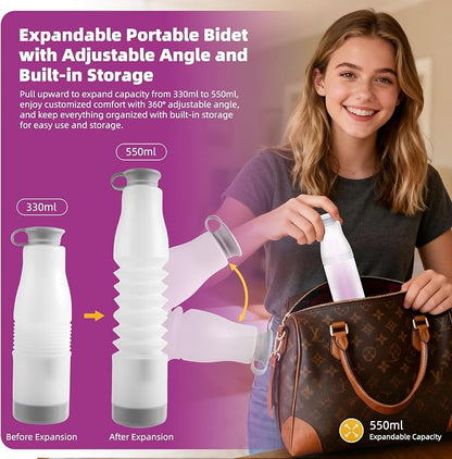 Hibbent Portable Bidet for Travel, High Pressure Electric Handheld Bidet Sprayer, 350-550ML Expandable Bottle for Personal Hygiene, USB-C Rechargeable Waterproof, Travel Sprayer for Women & Men, Pink