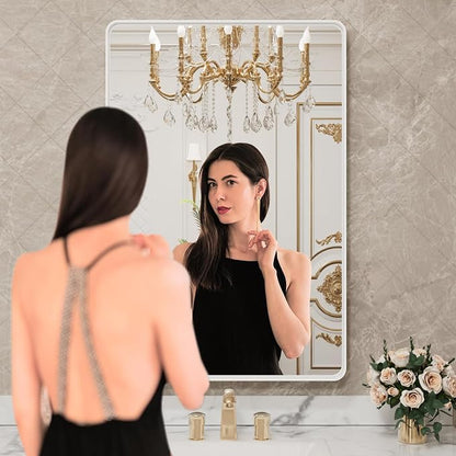 LOAAO White Metal Framed Bathroom Mirror, 30x36 Inch | Rounded Rectangle, Anti-Rust, Tempered Glass, Hangs Horizontally or Vertically