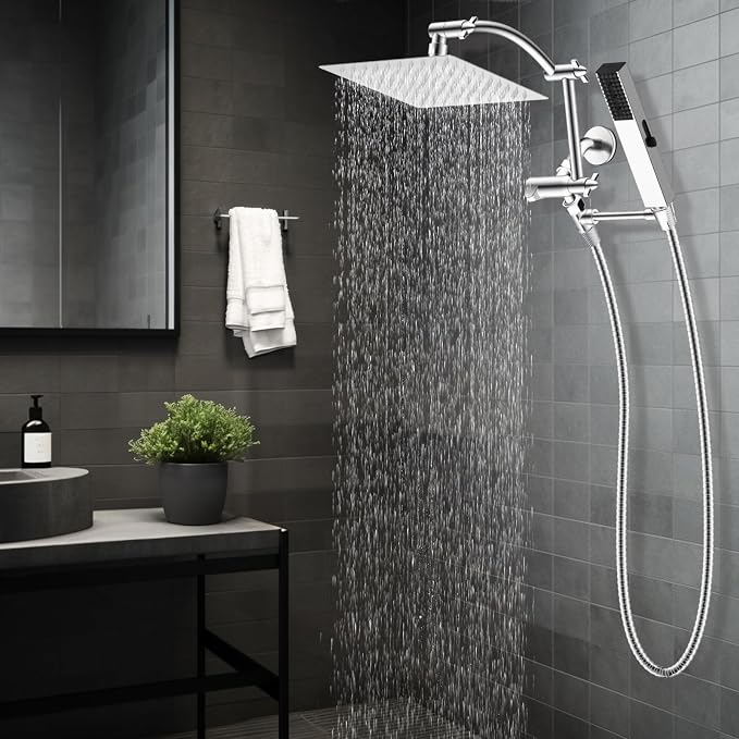 Hibbent All Metal CUPC Certified 8'' Rainfall Shower Head, Dual Shower Head Combo with 4 Handheld Sprays, High Pressure Shower Wand, 16'' Adjustable Extension Arm, 71'' Hose, Shower Holder, Chrome