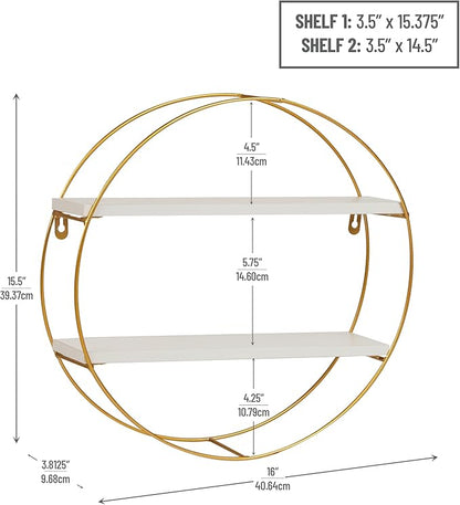 Mind Reader Floating Round Wall Shelves, Gold Metal Frame with Dual White Display Shelves, Decorative Wall-Mounted Organizer for Living Room, Office, or Bathroom, Metal. MDF, White