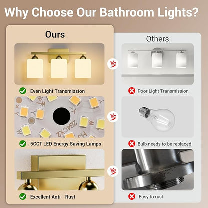 Quntis Gold Bathroom Light Fixtures Over Mirror 5 Colors Adjustable, 3-Light LED Bathroom Vanity Lighting with Milky White Frosted Glass Shade, Energy-Saving LED Vanity Light 18.9 inch