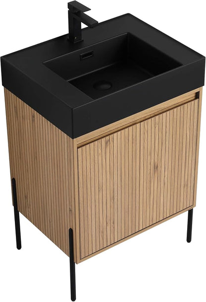 Crownpoint 24 Inch Bathroom Vanity with Sink, Black Sink, Bright Oak Finish, Full Assembly Required, Elegant Bathroom Vanities for Modern Homes
