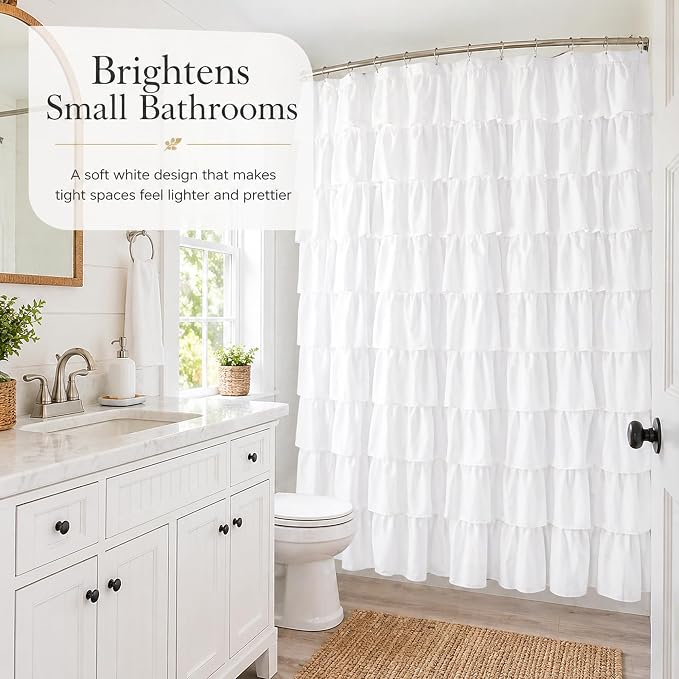 White Ruffle Shower Curtain for Bathroom,72 x 72 Inches, Farmhouse Style | 72" × 72", Brushed Microfiber, 12 buttonholes, Machine washable,12 C-hooks included, Double Layer Fabric, not See Through.