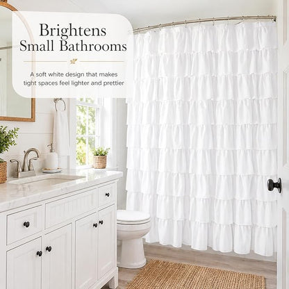 White Ruffle Shower Curtain for Bathroom,72 x 72 Inches, Farmhouse Style | 72" × 72", Brushed Microfiber, 12 buttonholes, Machine washable,12 C-hooks included, Double Layer Fabric, not See Through.