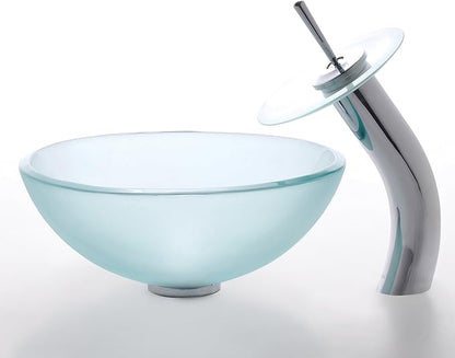 Kraus Frosted 14" Glass Vessel Bathroom Sink with PU-MR Satin Nickel