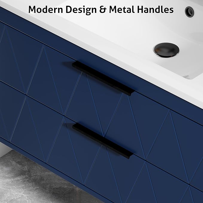 eclife 30" Bathroom Vanities Cabinet with Sink Combo, Wall Mounted Floating Cabinet W/Decor Line, Soft-Close System, 2 Extra Big Drawers, Matte Black Faucet, Navy Blue