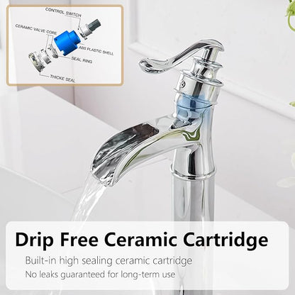 Chrome Vessel Sink Faucet Tall Brass Waterfall Faucet for Vessel Sink | Bathroom Faucets Farmhouse Single Hole Single Handle Vanity Lavatory Without Overflow Pop Up Drain for Washroom by BATHLAVISH