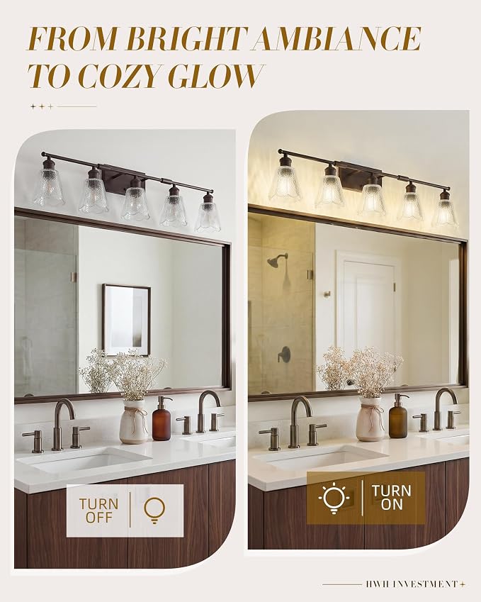 HWH Rustic Bathroom Light Fixture, Clear Floral Glass, 5HJX110B-5W ORB | Oil-Rubbed Bronze Finish, 34 Inch Bathroom Vanity Light Over Mirror, Vanity Lights for Bedroom, Sized At 34 In Fixture Size