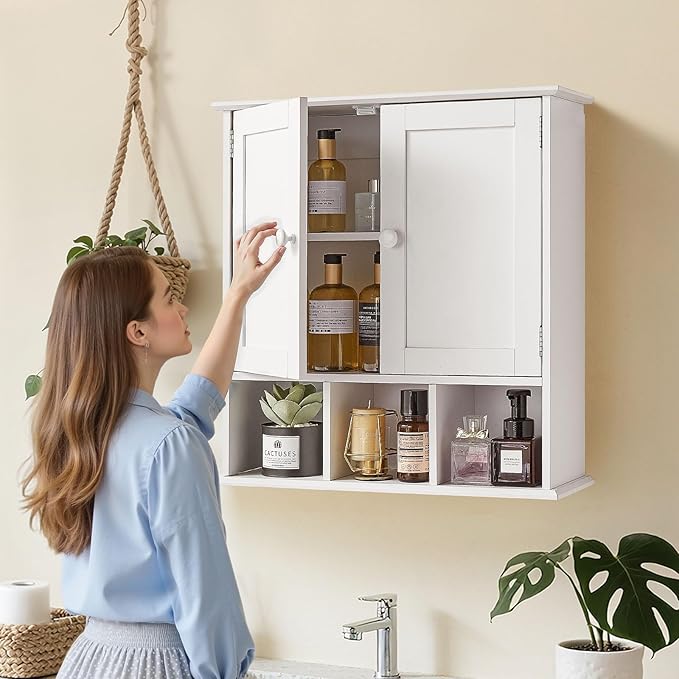 VEVOR Bathroom Wall Cabinet, 23" W x 24" H Storage Medicine Cabinet Wall Mounted, Hanging Organizer with Shelves & Open Partition for Laundry Room Kitchen Restroom, White