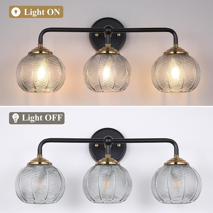 Mecgirn Bathroom Vanity Light Fixtures, 3-Light Smoky Gray Glass Shade, Modern Black and Gold Wall Sconce, Unique Textured Leaf Pattern, Ceramic E26 Sockets Wall Mounted for Mirror, Cabinet, Hallway