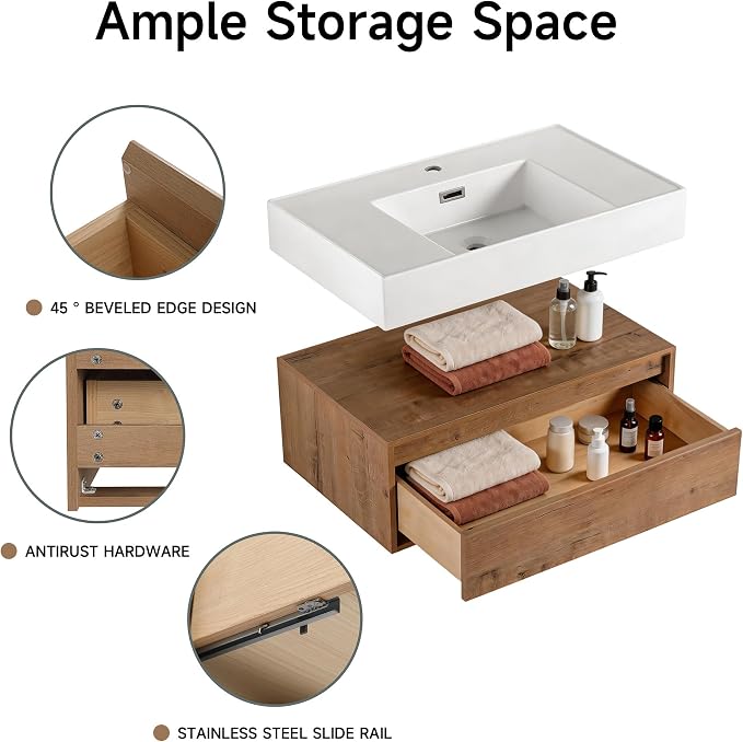 30 Inch Floating Bathroom Vanity with Sink, Modern Wall-Mounted Bathroom Cabinet with Resin Sink & Soft Close Drawer, Split-Level Layout (Nature Oak, 30")