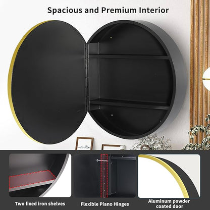 Movo 28 Inch x 28 Inch Bathroom Round Black Aluminum Medicine Cabinet with Mirror, Circular Storage Cabinet Surface Mounted