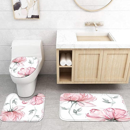 4-Piece Pink Flowers Shower Curtain Set Floral Leaves Bathroom Set with Shower Curtain and Rugs, Pink White Minimalist Bath Curtain with Hooks for Modern Home Decor