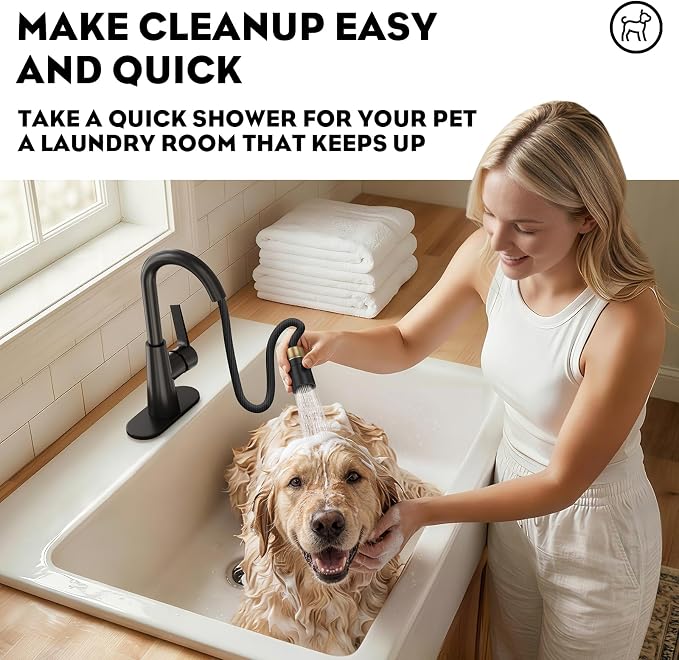 High Arc Bathroom Sink Faucet with Pull Down Sprayer, Tall Matte Black Single Handle Pull Out Faucet with Pop-Up Drain, 1 or 3 Hole Laundry Bar Basin Faucet with Deck Plate WE10CL-ZY-MB