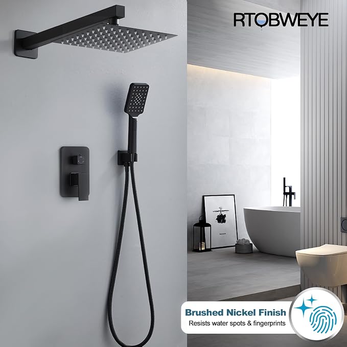 8 Inch Shower Faucet Set, Rainfall Shower System with High Pressure Handheld Shower Head, Bathroom Mixer Shower Set Wall Mounted Rough-in Valve and Trim Kit, Matte Black, with 3-Setting