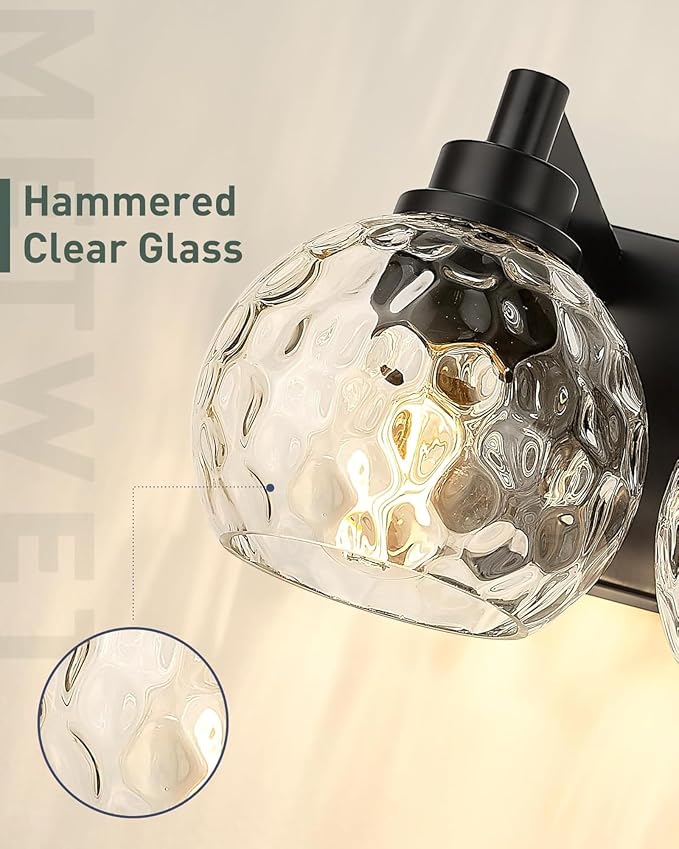 6-Light Black Bathroom Vanity Light, Hammered Glass Globe Shade | 38 Inch matte black modern bathroom light fixture over mirror, UL listed, E26 bulbs, hardwired, upward only, VL200-MB-CL-6