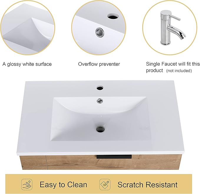 Malwee 30" Floating Bathroom Vanity with Resin Sink, 30 Inch Single Sink Wall Mounted Bathroom Vanity, with 3 Drawers, Bath Wall-Hung Cabinet Set with 3 Side Storage (014-30L)