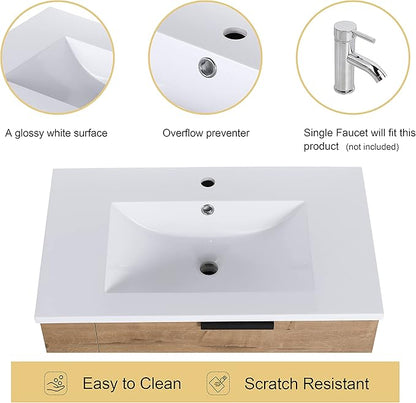 Malwee 30" Floating Bathroom Vanity with Resin Sink, 30 Inch Single Sink Wall Mounted Bathroom Vanity, with 3 Drawers, Bath Wall-Hung Cabinet Set with 3 Side Storage (014-30L)