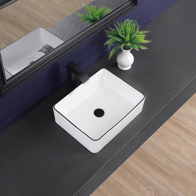 19"x15" Vessel Sink Bathroom Sink Rectangular Modern White with Black Trim Porcelain Ceramic Above Counter Vanity Sink for Bathrooms Art Basin