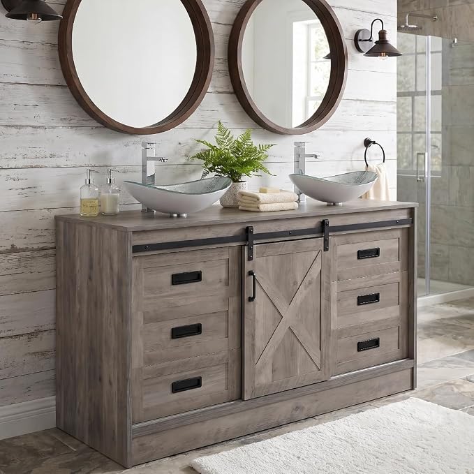 48" Barn Door Bathroom Vanity with 6 Drawers, Farmhouse Style Standing Pedestal Cabinet with Two Silver Boat Glass Vessel Sinks
