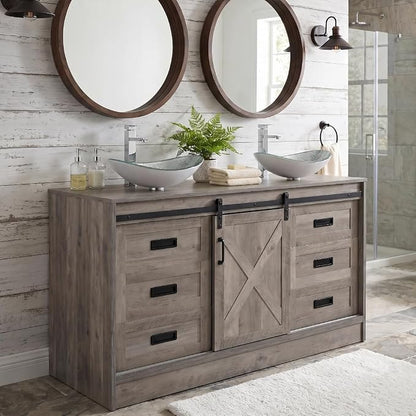 48" Barn Door Bathroom Vanity with 6 Drawers, Farmhouse Style Standing Pedestal Cabinet with Two Silver Boat Glass Vessel Sinks