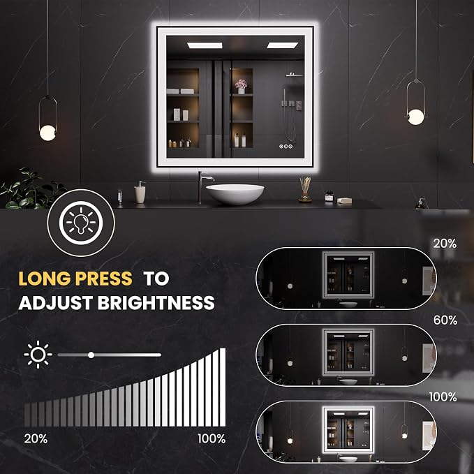 LOAAO 40"X36" LED Bathroom Mirror Black Framed | Anti-Fog, Dimmable, Memory Function, Tempered Glass, Lighted Vanity Mirror for Wall