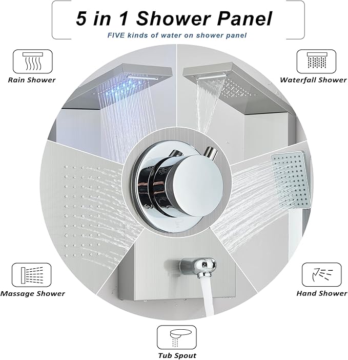 Shower Panel Wall Mount Shower Tower with Body Shower Jets LED Shower Head Rainfall Shower Panels System Stainless Steel Shower Faucet Set, Brushed Nickel