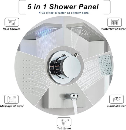 Shower Panel Wall Mount Shower Tower with Body Shower Jets LED Shower Head Rainfall Shower Panels System Stainless Steel Shower Faucet Set, Brushed Nickel