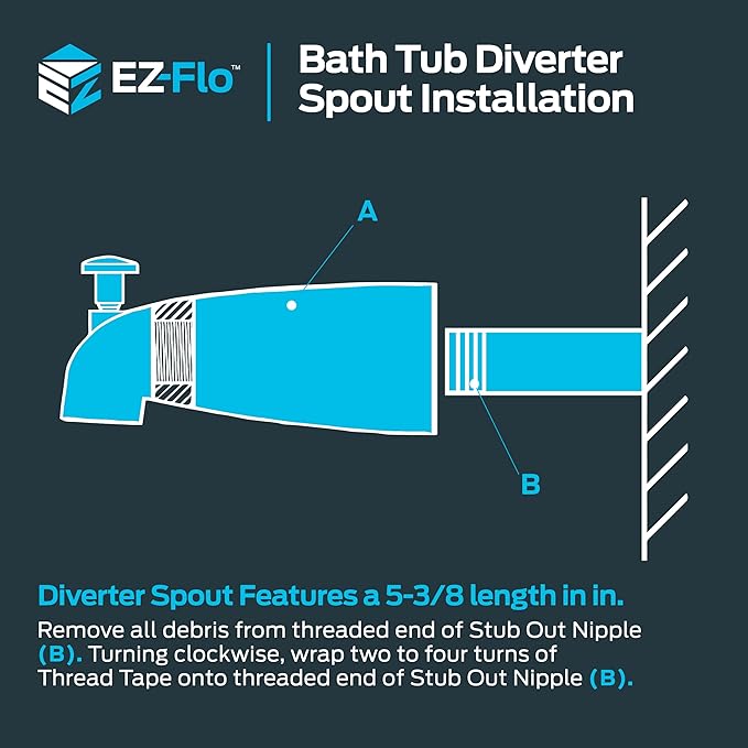 EZ-FLO 5-3/8 Inch Nose Diverter Tub Spout, 1/2 Inch IPS Connection, Chrome Finish, 15083