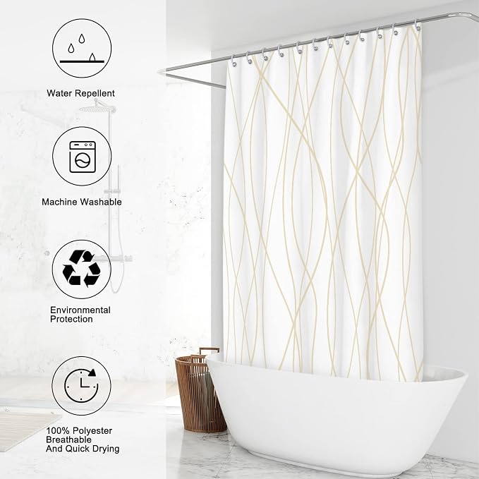 Striped Shower Curtain for Bathroom, Beige Khaki, 72" W x 72" L | with Hooks, Modern Hotel Style, Water Repellent, Washable, Weighted Hem