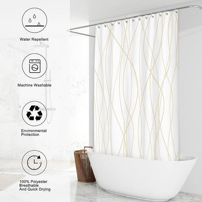 Striped Shower Curtain for Bathroom, Beige Khaki, 72" W x 72" L | with Hooks, Modern Hotel Style, Water Repellent, Washable, Weighted Hem
