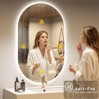 OKPAL Backlit Oval LED Bathroom Mirror with Lights 20 x 36, Pill-Shaped Lighted Vanity Mirror for Wall, Anit-Fog, Dimmable, Memory Function, Shatterproof, UL (Horizontal/Vertical)