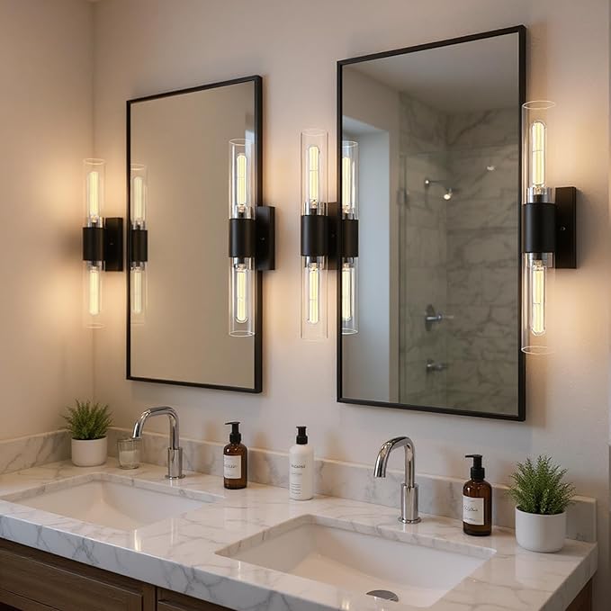 Wall Sconces Set of Two, Black Bathroom Sconces Wall Lighting with Clear Glass Modern Sconces Wall Light Set of 2 Bathroom Light Fixtures Vanity Light for Living Room Bedroom Washroom Hallway