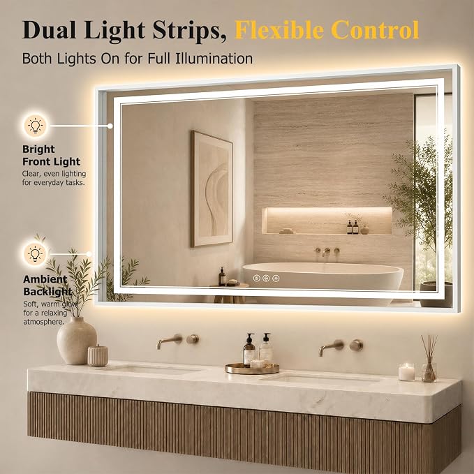 36"x60" LED Bathroom Mirror with Lights, Backlit + Front Lit, Anti-Fog | Lighted Bathroom Mirror with One-Piece Aluminum Alloy Frame, HD Shatterproof Tempered Glass, Dimmable, Memory Function