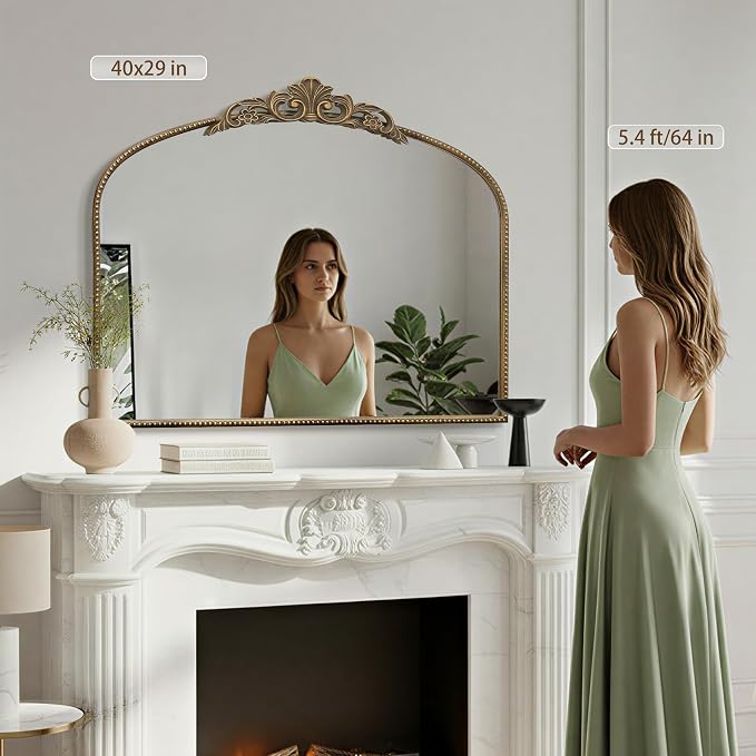 Micasso Vintage Gold Wall Mirror: 40"x29" Baroque Antique Arched Mirror | Traditional Ornate French Decorative Mirror for Bedroom/Bathroom/Fireplace/Entryway/Hallway/Dresser/Vanity/Mantel/Nightstand