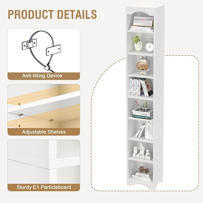 VECELO Curved Top Narrow Tall Bookshelf, 6 Adjustable Movable Shelves, Wood Space Saving Corner Storage Organizer, Pearl White