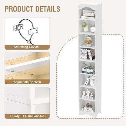 VECELO Curved Top Narrow Tall Bookshelf, 6 Adjustable Movable Shelves, Wood Space Saving Corner Storage Organizer, Pearl White
