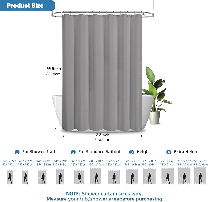 2-in-1 Waterproof Fabric Shower Curtain - No Separate Liner Needed, Hotel-Style Waffle Weave, Effortless Cleaning & Washable Bathroom Shower Curtain Set,72Wx90H,Grey