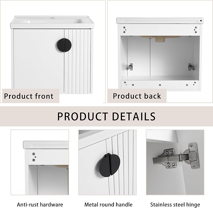 SSLine 24" Wall-Mount Bathroom Vanity Modern Floating Bathroom Vanity Set with Ceramic Sink Basin & Storage Cabinet 24-Inch Luxury White Small Bathroom Vanities with Round Metal Handles