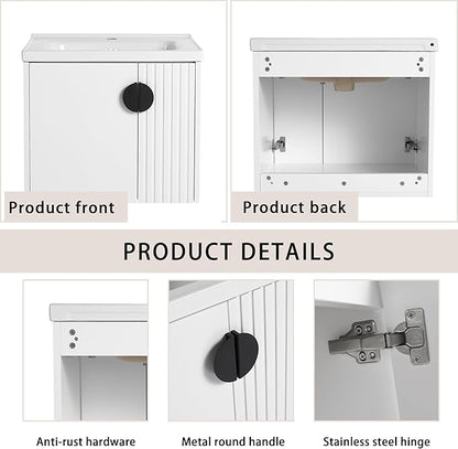 SSLine 24" Wall-Mount Bathroom Vanity Modern Floating Bathroom Vanity Set with Ceramic Sink Basin & Storage Cabinet 24-Inch Luxury White Small Bathroom Vanities with Round Metal Handles