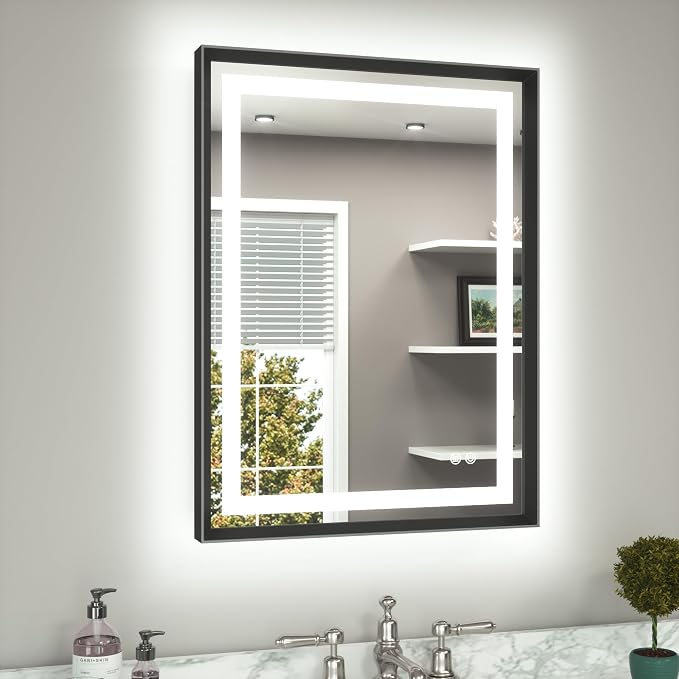 24 x 32 Bathroom LED Mirror Brushed Black Metal Frame Frontlit & Backlit Vanity Mirror Anti-Fog Stepless Dimmable 3 Colors White/Warm/Natural Mirror with Lights Wall-Mounted