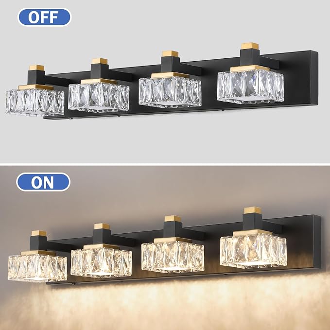 Bathroom Vanity Lights Over Mirror,4-Light Dimmable 5CCT Led Vanity Lights Black Gold Crystal Wall Sconce Lighting 29.92 inches Modern Vanity Light for Bathroom,Bedroom,Living room(3000K-6000K）
