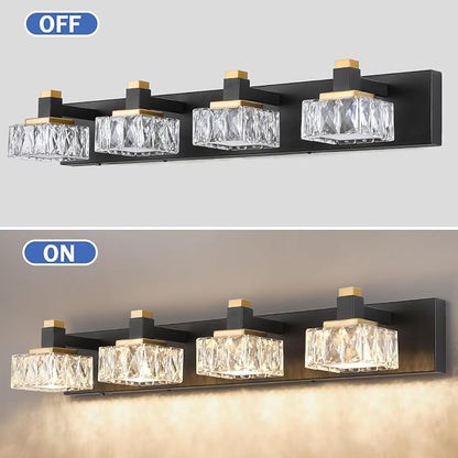 Bathroom Vanity Lights Over Mirror,4-Light Dimmable 5CCT Led Vanity Lights Black Gold Crystal Wall Sconce Lighting 29.92 inches Modern Vanity Light for Bathroom,Bedroom,Living room(3000K-6000K）