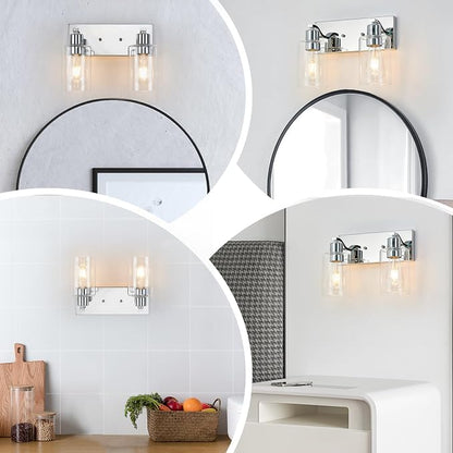 2 Lights Bathroom Light Fixtures Chrome Vanity Light with Clear Glass Shade 13in Modern Bathroom Lighting Fixtures Over Mirror for Bedroom/Living Room