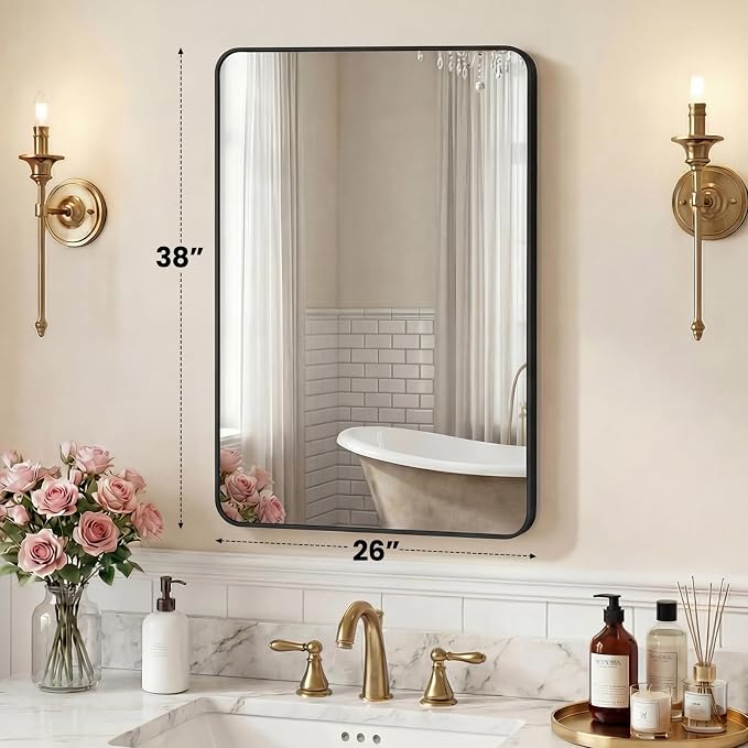 NEWBULIG Bathroom Mirror 26X38 Inch, Vanity Mirror for Wall | Rectangle Rounded Corners, Metal Frame Over Sink, Entryway Bedroom Hang, Horizontal or Vertical, Black