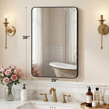 NEWBULIG Bathroom Mirror 26X38 Inch, Vanity Mirror for Wall | Rectangle Rounded Corners, Metal Frame Over Sink, Entryway Bedroom Hang, Horizontal or Vertical, Black