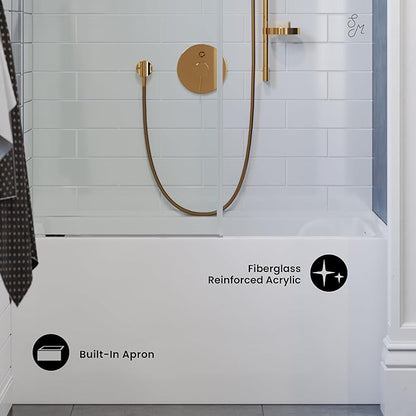 Bathroom with a shower enclosure made of fiberglass reinforced acrylic, featuring gold fixtures.