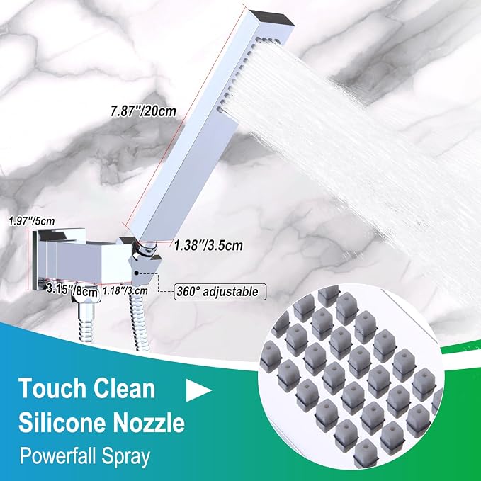 ENGA Square Solid Brass Hand Held Wand Shower Head with Wall Connector and Stainless Steel Hose Set, Chrome