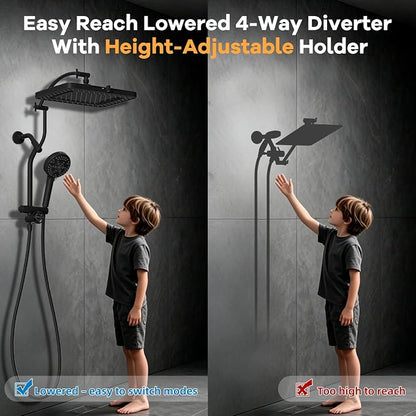 Hibbent 13'' Rain Showerhead Combo, 10 Mode Filtered Handheld Spray, Black | High Pressure 5-Spray Showerhead, 4-way Diverter, Upgraded Heightened All Metal Extension Arm, 71'' Hose & Holder, Easy Reach